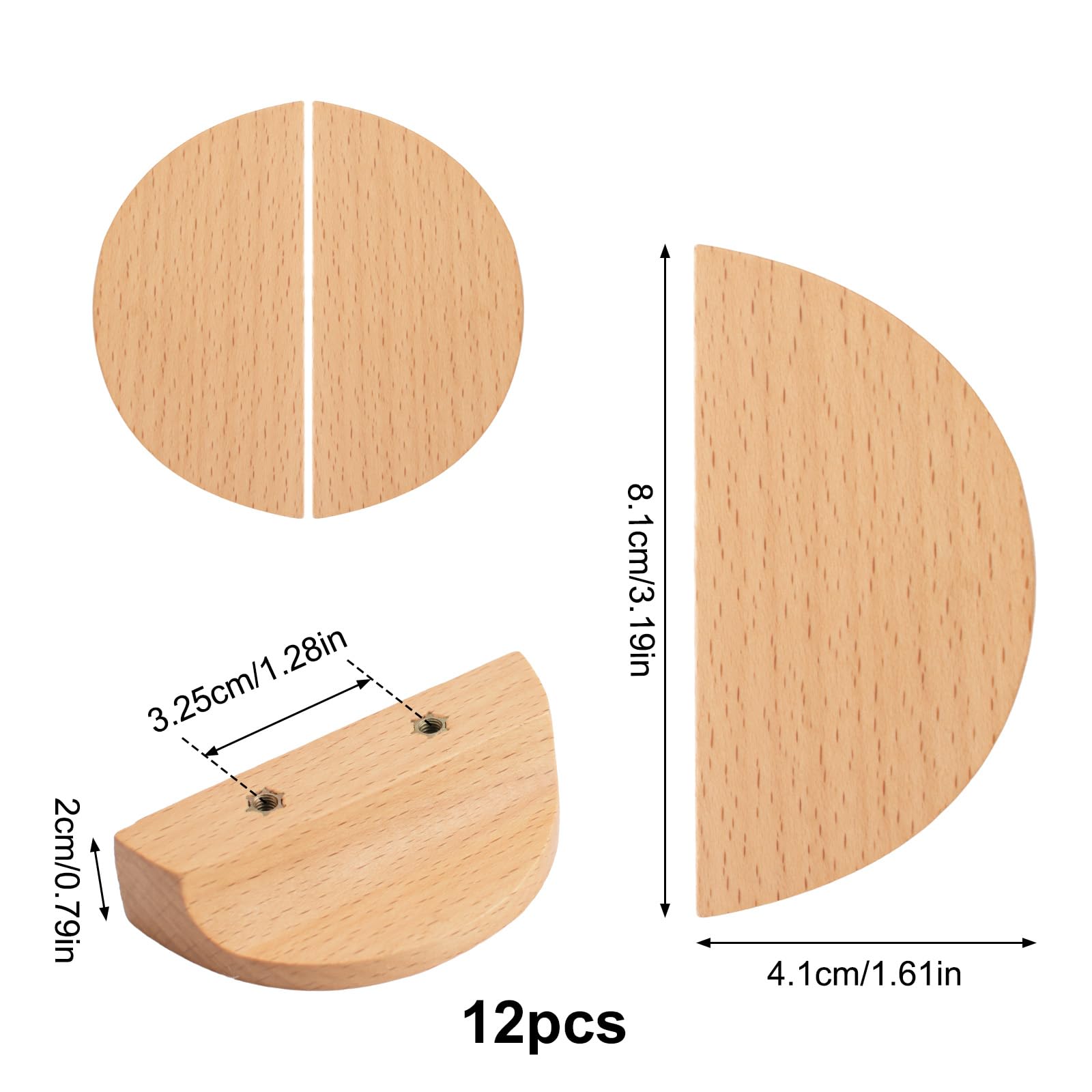 MOROBOR 12 maniglie per cassetti a forma di mezzaluna in legno di faggio semirotondo per armadietto, cassetto, hardware, maniglia a doppio foro per cassetti