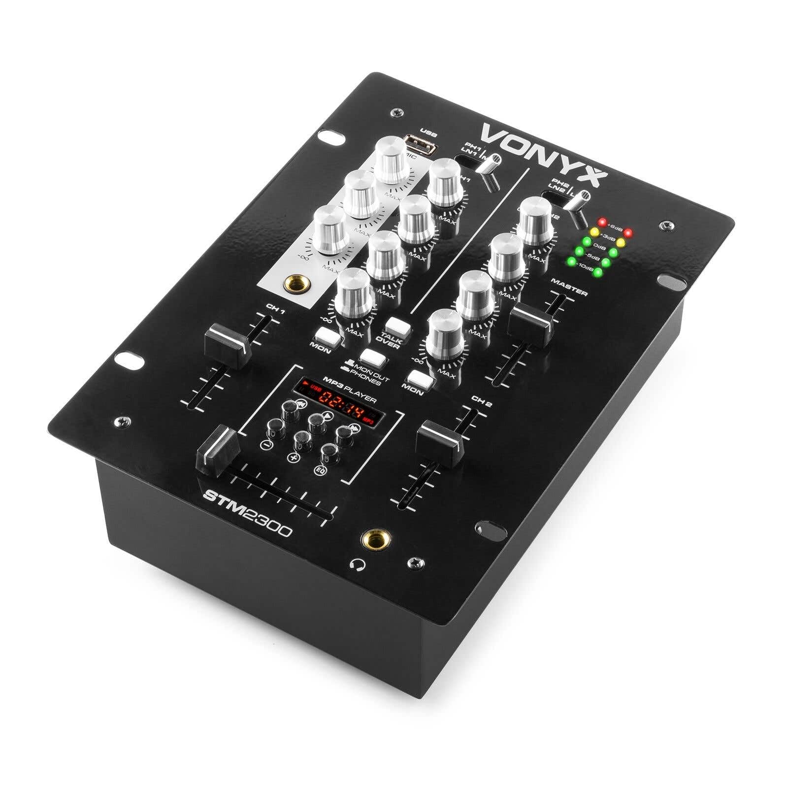 Vonyx STM-2300 Table de Mixage 2 Canaux - Entrée RCA Phono/Ligne Commutable, Sortie principale RCA et Sortie Casque, Egaliseur 3 Bandes sur les Canaux, Egaliseur 2 Bandes Mic, Idéal pour DJ Mobile