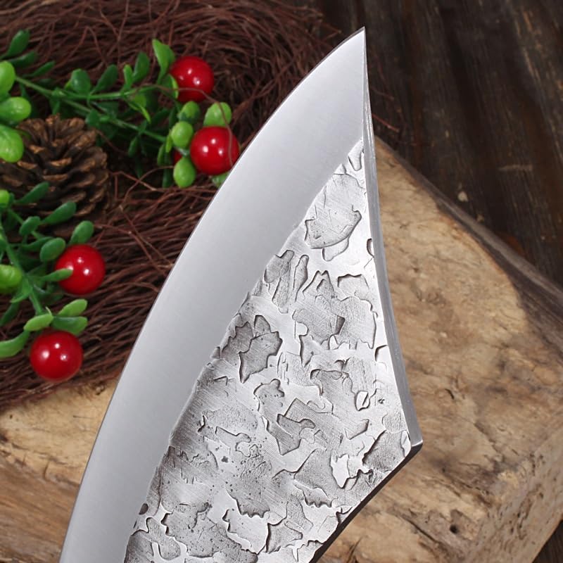 Meat Cleaver,Cleaver Knife Forged Finger Ring Small Kitchen Knife Boning Knife Wooden Handle High Carbon Steel Home And Outdoor Fish Killing Slaughter Knife