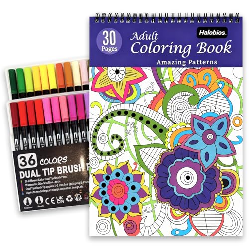 Malbuch für Erwachsene mit Spiralbindung und Marker Set Ausmalbuch für Erwachsene Entspannung mit 36 Farben Marker Angst Relief Geschenke mit 30 Mustern enthalten Mandala Tier Blumen