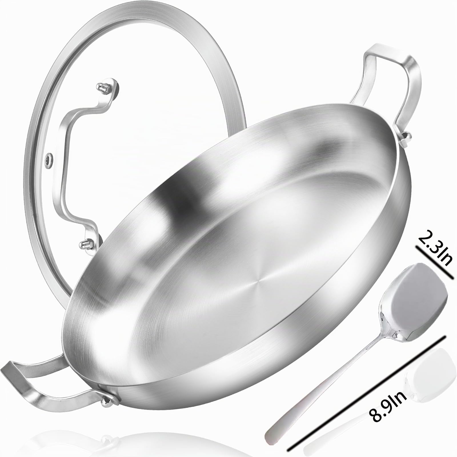 Inqibee Sartén de paella de acero inoxidable de tres capas de 30 cm con tapa, sartén para cocinar por inducción, calentamiento uniforme y apta para horno