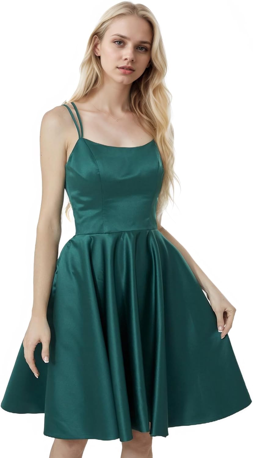 Short Homecoming Dress Satin with Pockets Spaghetti Strap Mini Built-in Bra Cocktail Dresses - Image 3