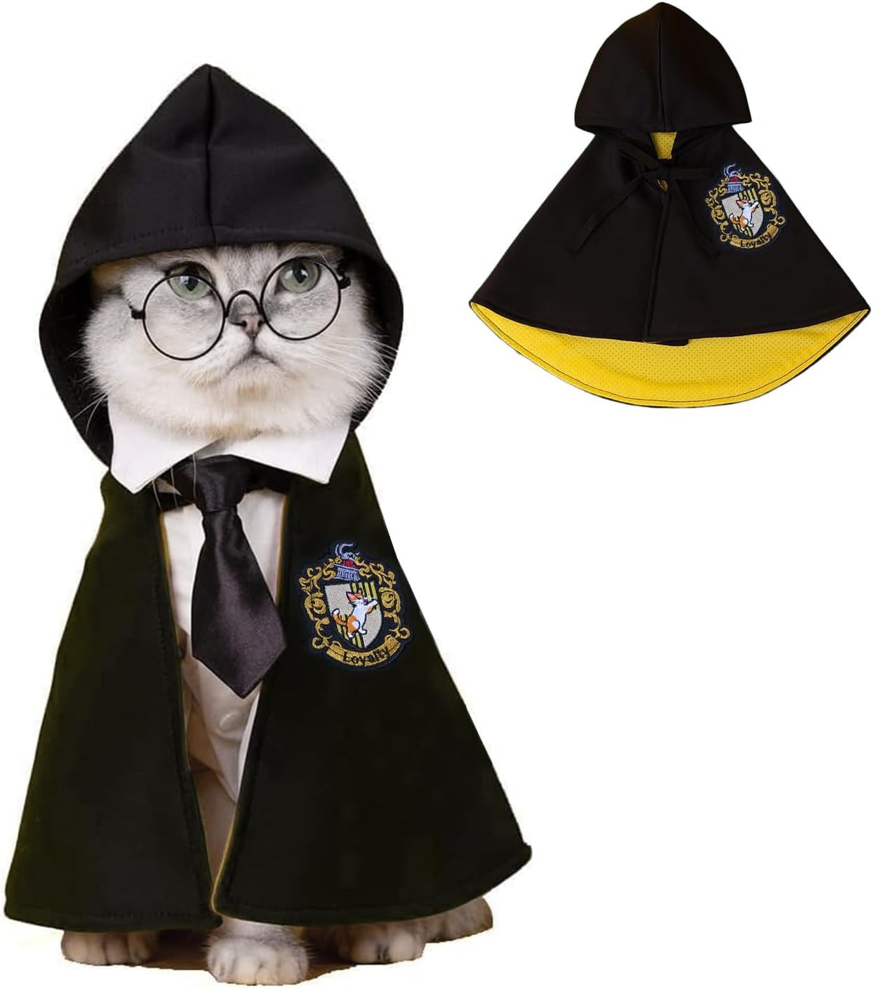 DELIFUR Cat Halloween Costume - Pet Wizard Costumes Mantle Magician Cosplay Clothes with Bowtie & Glasses Set Festival Party Apparel for Small Pets Cats Dogs Puppies(Yellow, M)