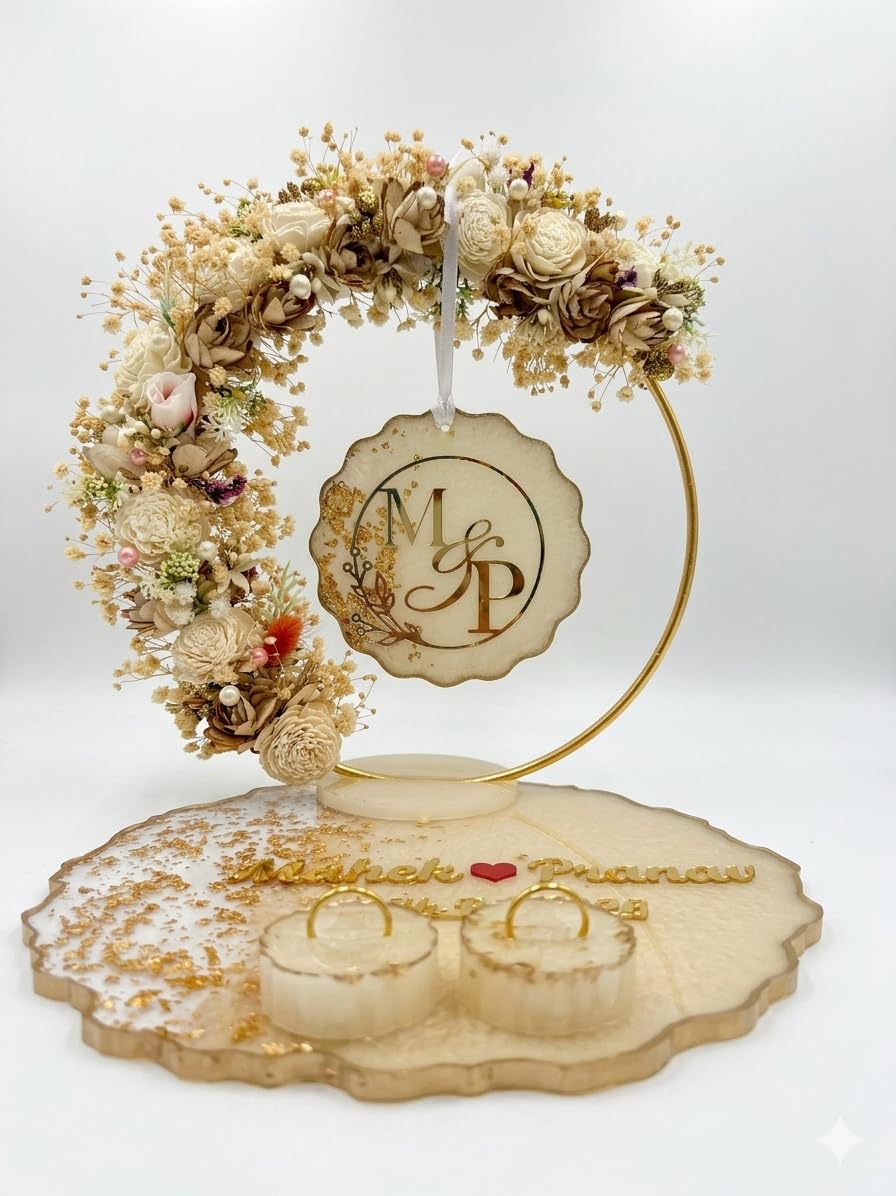 THE BRIDE MADE Personalized Engagement Ring Platter with Name | Resin Ring Holder for Engagement | Custom Wedding Ring Plate with Dry Flowers & Gold Loop | Bride Groom Name Plate 10x10x10 inch-image-4
