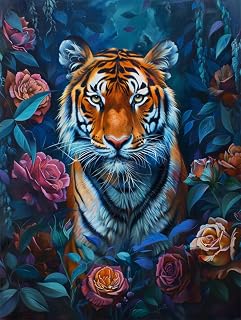 Hdfvlfdsa Kits De Punto De Cruz 11Ct Estampado,Tigre Y Rosas De Colores 40X50Cm Diy Gama Completa De Kits De Inicio Preimpresos,Suministros De Punto Cruz Costura Para Principiantes Con