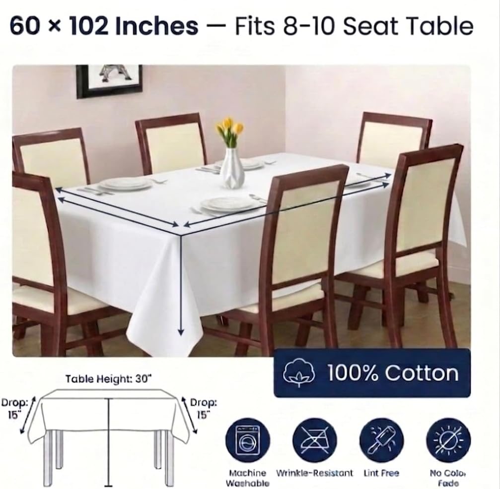 Urban Villa Tablecloth White Table Cloth Tabletop Cover Kitchen Dining Tablecloth 100% Cotton Great for Parties Wedding Holiday Dinner Rectangle 60x102 Inches 8-10 Seat Table Cloth