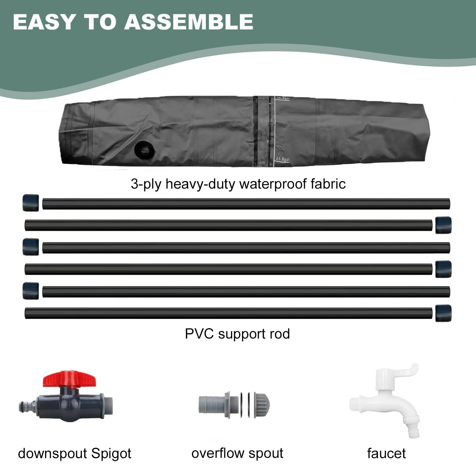 Kit plegable de barril y tope de agua de jardín con grifo de soporte y cubierta de cremallera, sistema de colector de agua de lluvia de 225 L (negro, 60 x 80 cm)