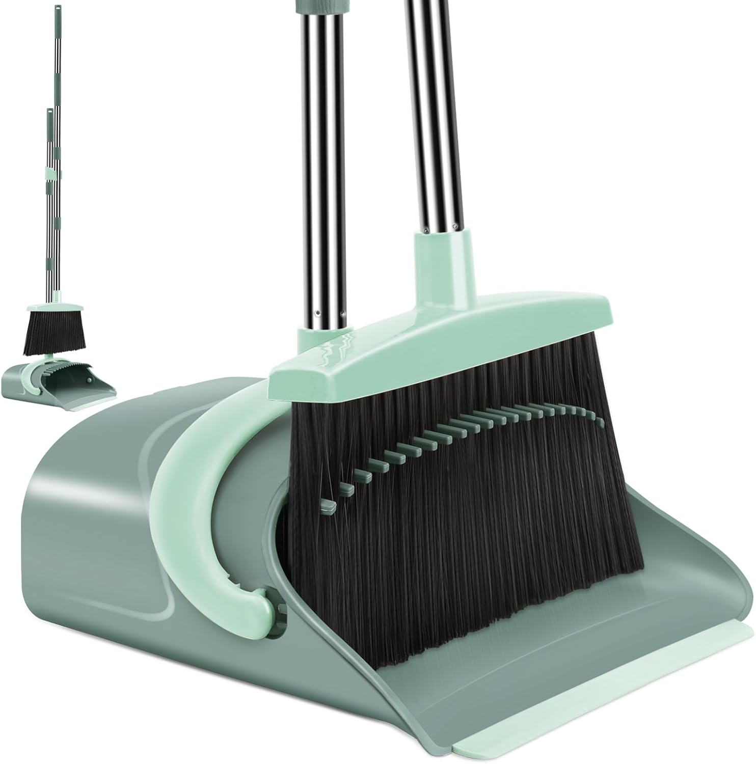 Broom and Dustpan Set with Long Handle for Home, Kitchen, Office, and Lobby Use (Gray and Green)