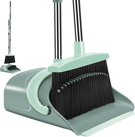 Broom and Dustpan Set for Home, Dust pan with Long Handle, Broom with Dustpan Combo Set, for Home Kitchen Room Office Lobby Floor Use Upright Stand Up Sweeping (Gray&Green)