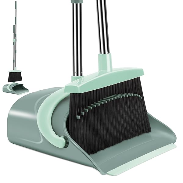 Broom and Dustpan Set for Home, Broom and Dustpan Combo for Office, Long Handle Broom with Upright Standing Dust pan,Indoor&Outdoor Sweeping (Gray&Orange)