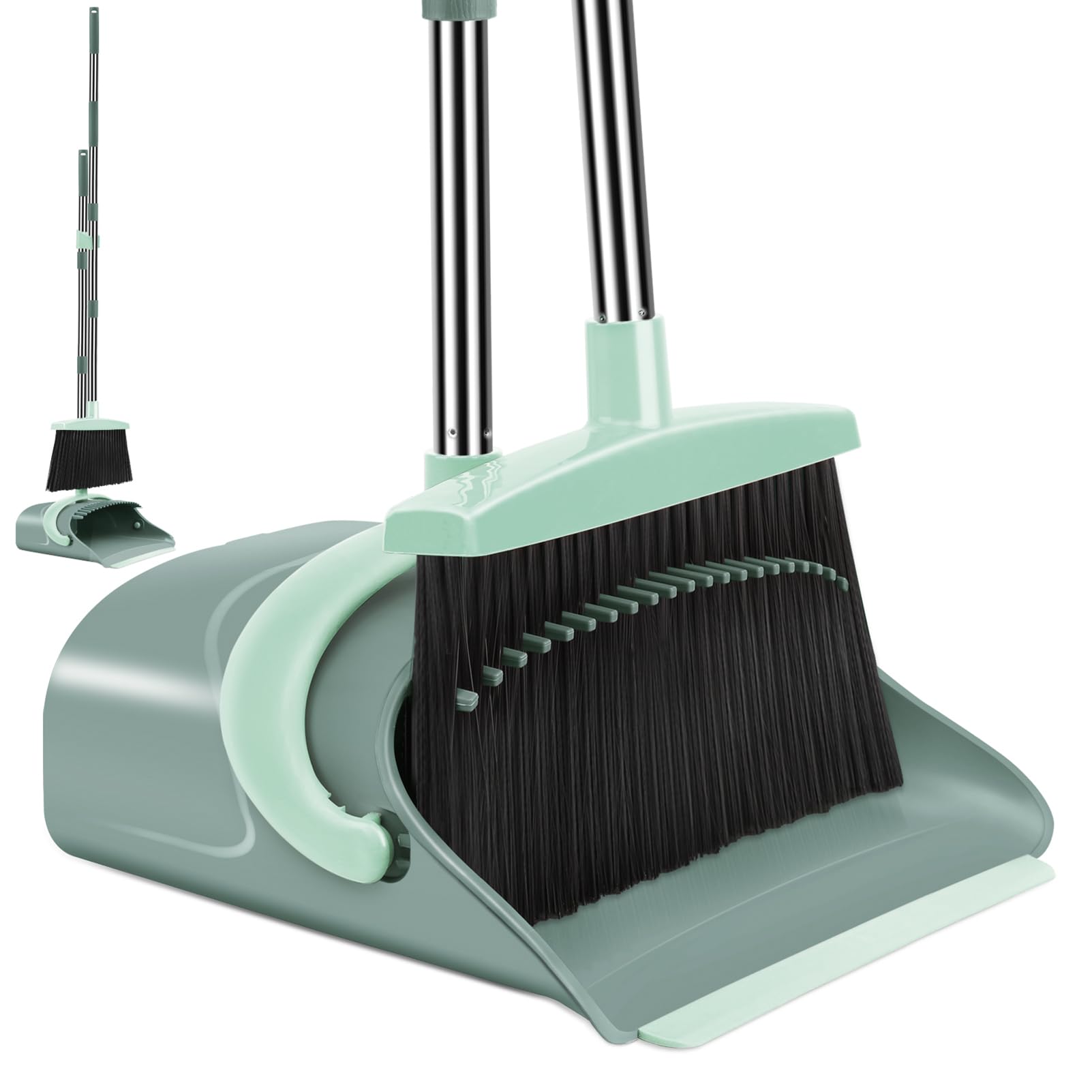 Broom and Dustpan Set for Home, Dust pan with Long Handle, Broom with Dustpan Combo Set, for Home Kitchen Room Office Lobby Floor Use Upright Stand Up Sweeping (Gray&Green)