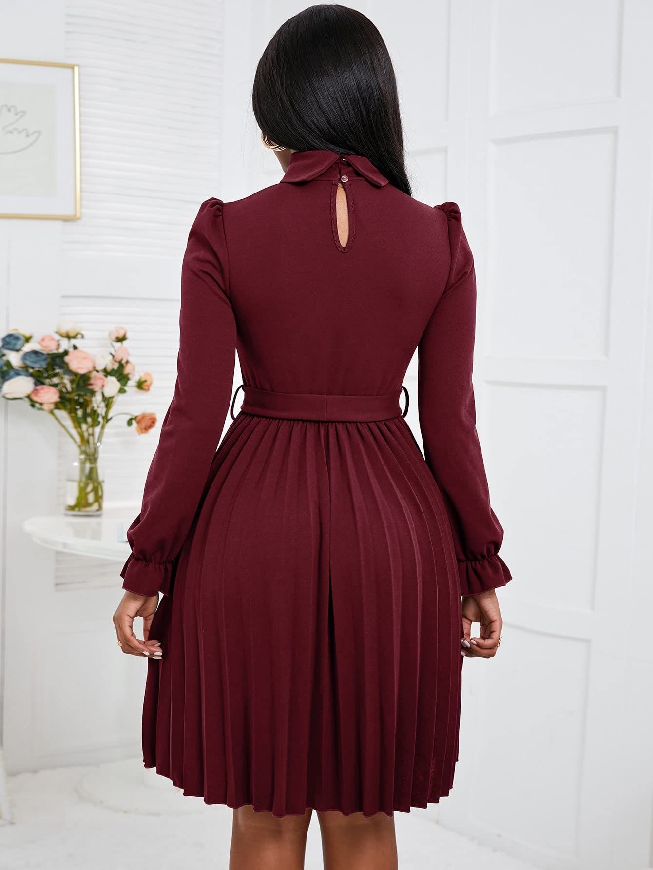 turtleneck flounce sleeve pleated hem belted dress SHEIN Frenchy Surplice Neck Lantern Sleeve Pleated Hem Belted Dress Winter  Elegant Evening Dress Blue Spring