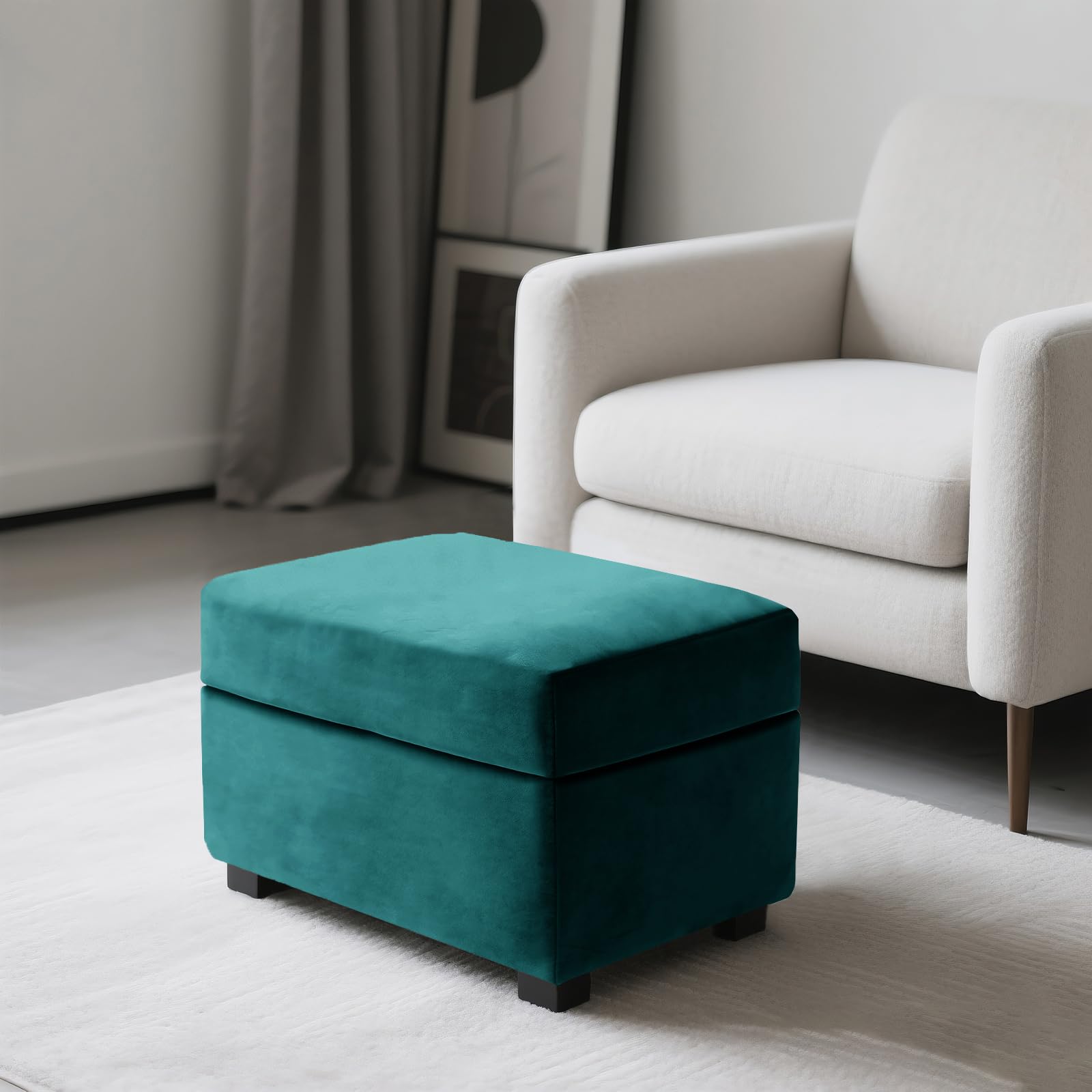 SYLC Ottoman Cover Stretch Velvet, Footstool Cover and Pouffe Cover Non-slip with Elastic Bottom/ties, Slipcover for Folding Storage Poofy Foot Stool (Teal,Rectangular Ottoman+Seat)