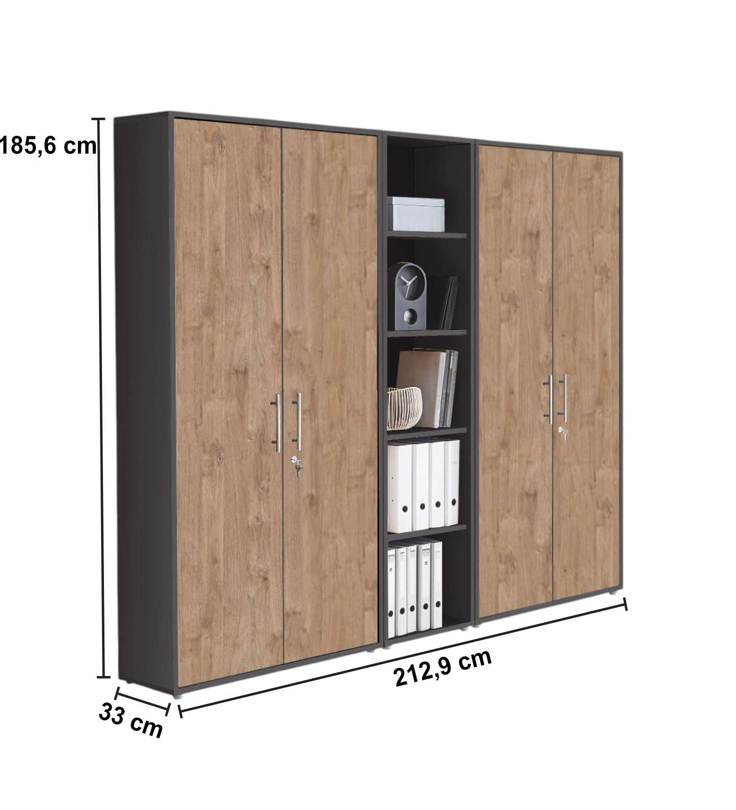 Schrankwand TABOR 10 Büroregal Aktenschränke Büroschrank abschließbar in diversen Farbvarianten (anthrazit/Gold Harbor Oak)
