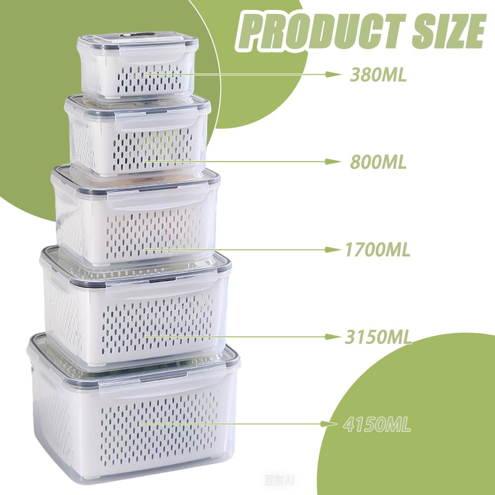 Set di Contenitori per Frigorifero Frutta e Verdura 5 Pezzi Contenitore per Alimenti Freschi con Cesti di Scarico Contenitori Plastica per Alimenti da Frigo per Verdura Frutta Insalata