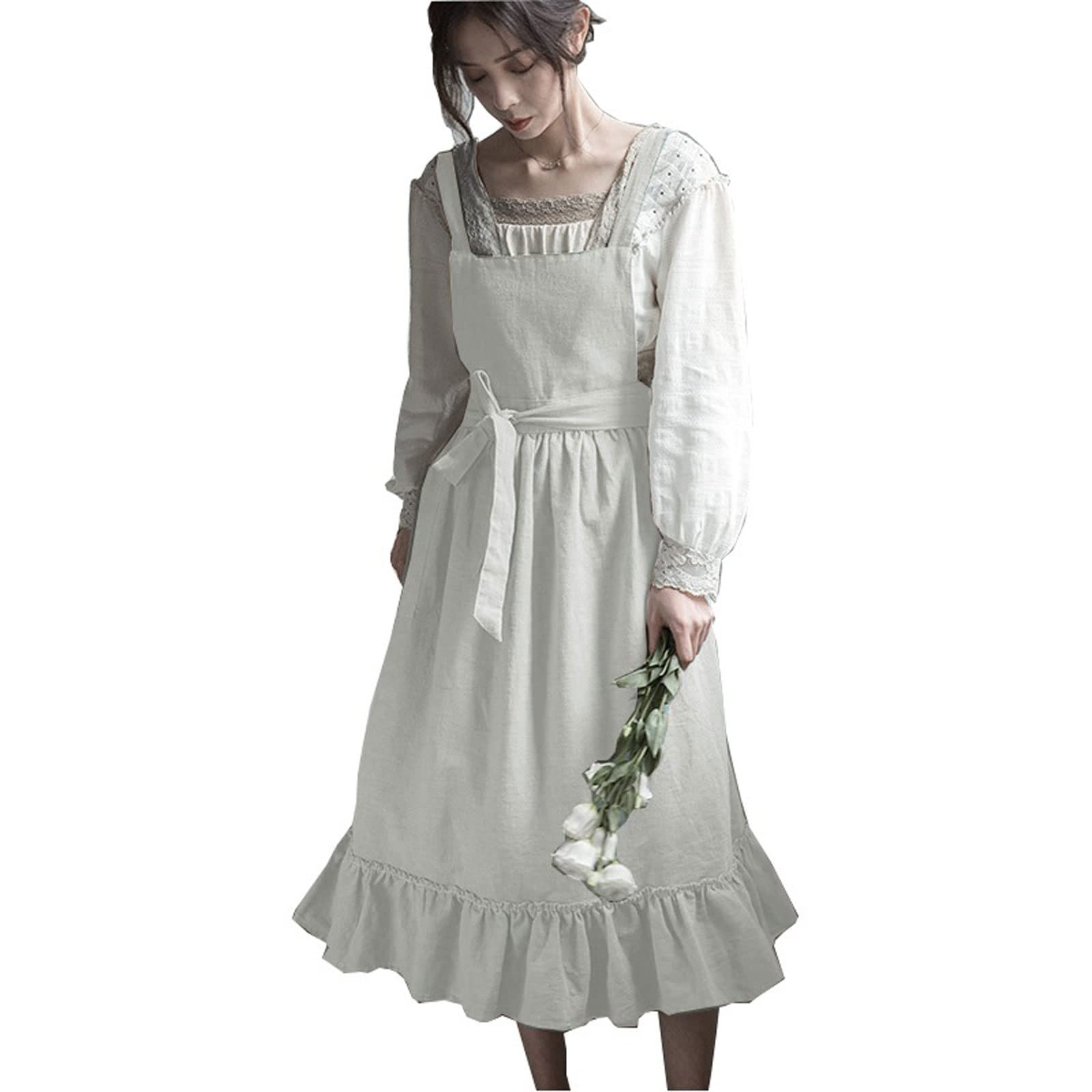 UTOYA Kitchen Apron Retro Medieval Cotton Linen Cooking Kitchen Aprons For Woman Dress Flower Shop Smock Hairdresser Bib Garden Overall (Color : White)