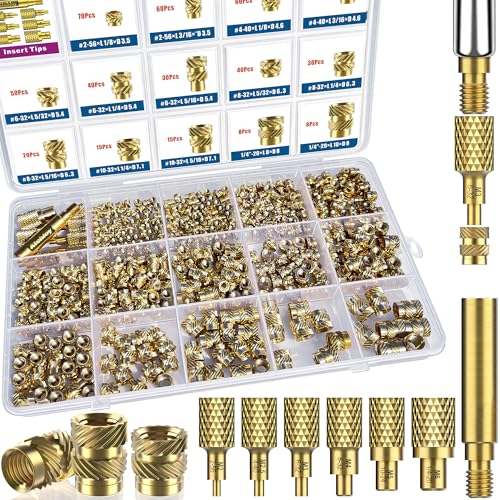 Image of 513Pcs SAE Threaded Inserts, #2-56#4-40#6-32#8-32#10-32 1 /4 inch-20 Female Thread Knurled Nuts Assortment Kit, Brass Heat Set Insert for Plastic and 3D Printing Components