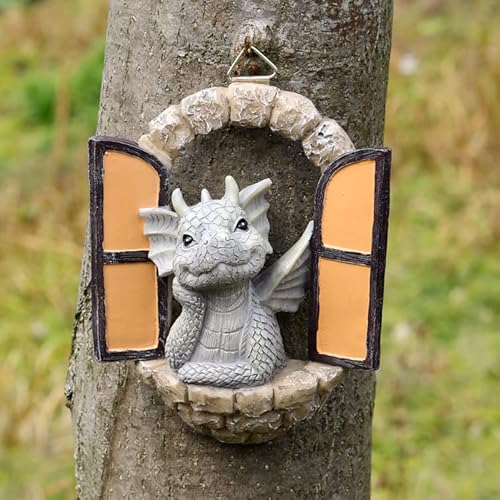 Dragon Garden Ornament Resin Craft Ornament Statue Fairy Door For Wall Fairy Door Yard Art Outdoor And Garden Solar Light Luminous Sand Open Door Dragon Wall Statue Outdoors Decor (Eye To Eye) #TOP5