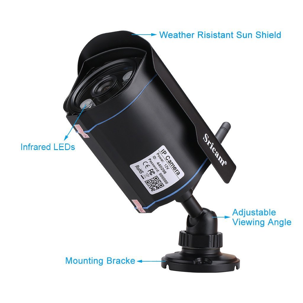 Sricam SP007 camera components with labels for sun shield, IR LEDs, adjustable viewing angle, and mounting bracket.