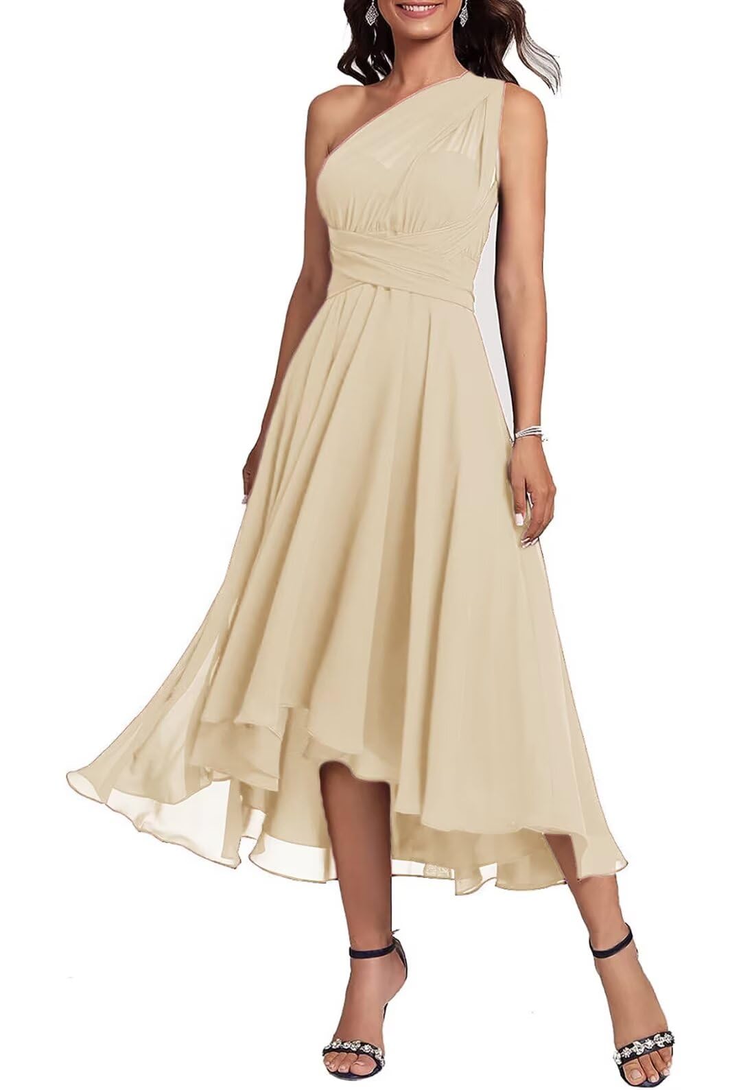 ARYIKEOL Women's One Shoulder Chiffon Bridesmaid Dresses High Low Convertible Wedding Guest Dress