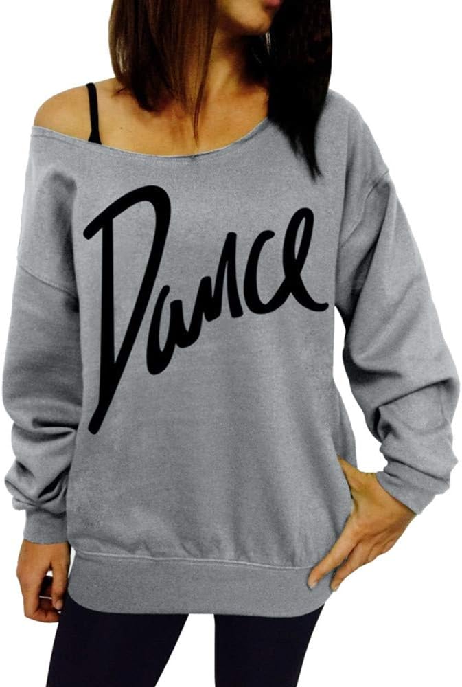 Robemon Women's Loose Slash Neck T-Shirt Casual Letter Dance Tops