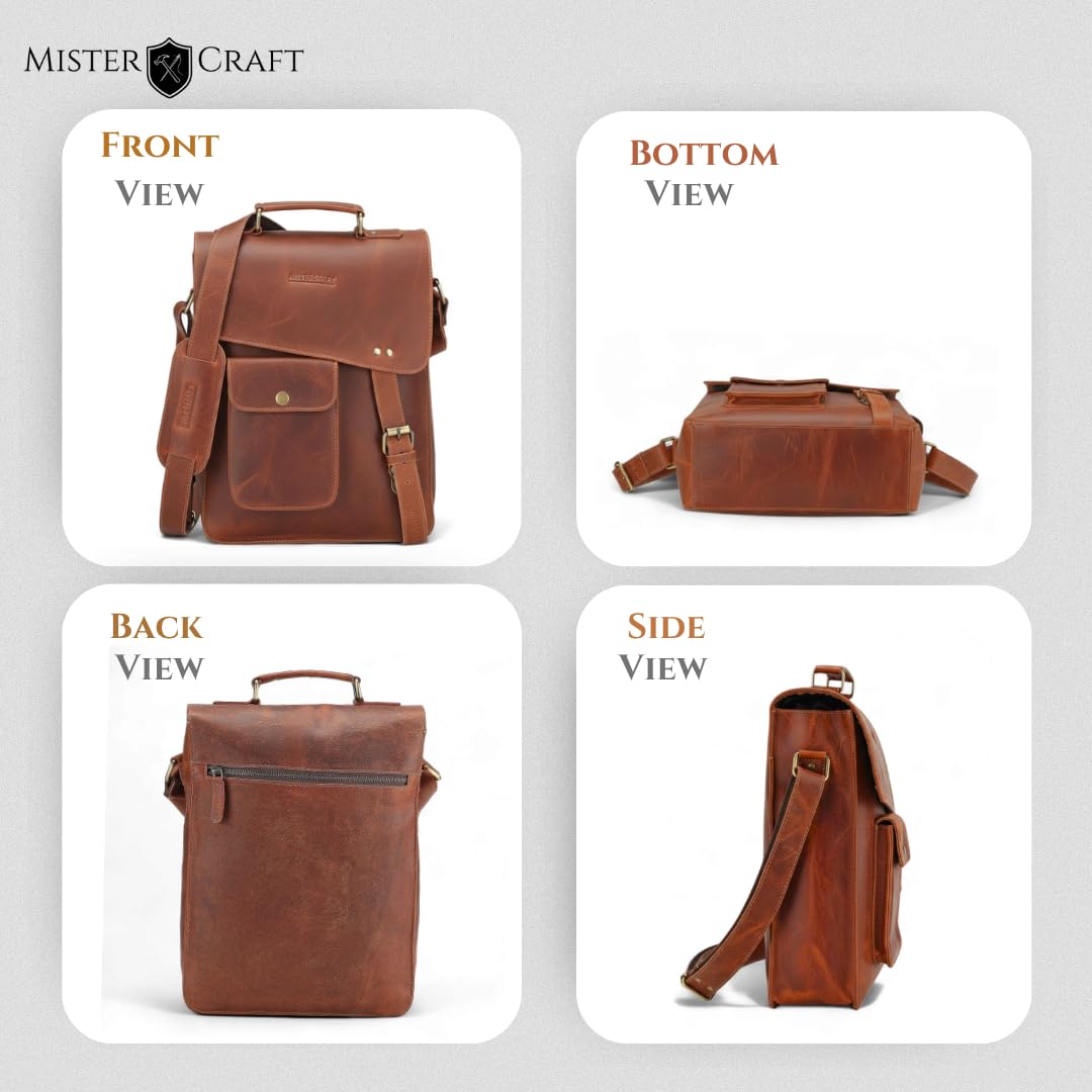 MISTERCRAFT Men’s Genuine Leather Side Sling Bag | Tan Textured Waterproof Crossbody with Padded iPad Sleeve, Multiple Compartments & Magnetic Flap Closure 2