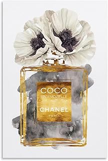 BanLaArt Fashion Perfume Bottle Dark Gold With Dark Grey & White Poppy Canvas Print Poster Decorative Painting Canvas Wall Art Picture Print Modern Family Bedroom Decor 12x18inch(30x45cm), style-4