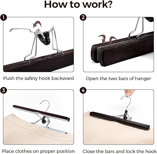 Miniatura 5 de HOUSE DAY Perchas de madera para pantalones, paquete de 10 perchas de madera antideslizantes para faldas y pantalones de madera con gancho giratorio