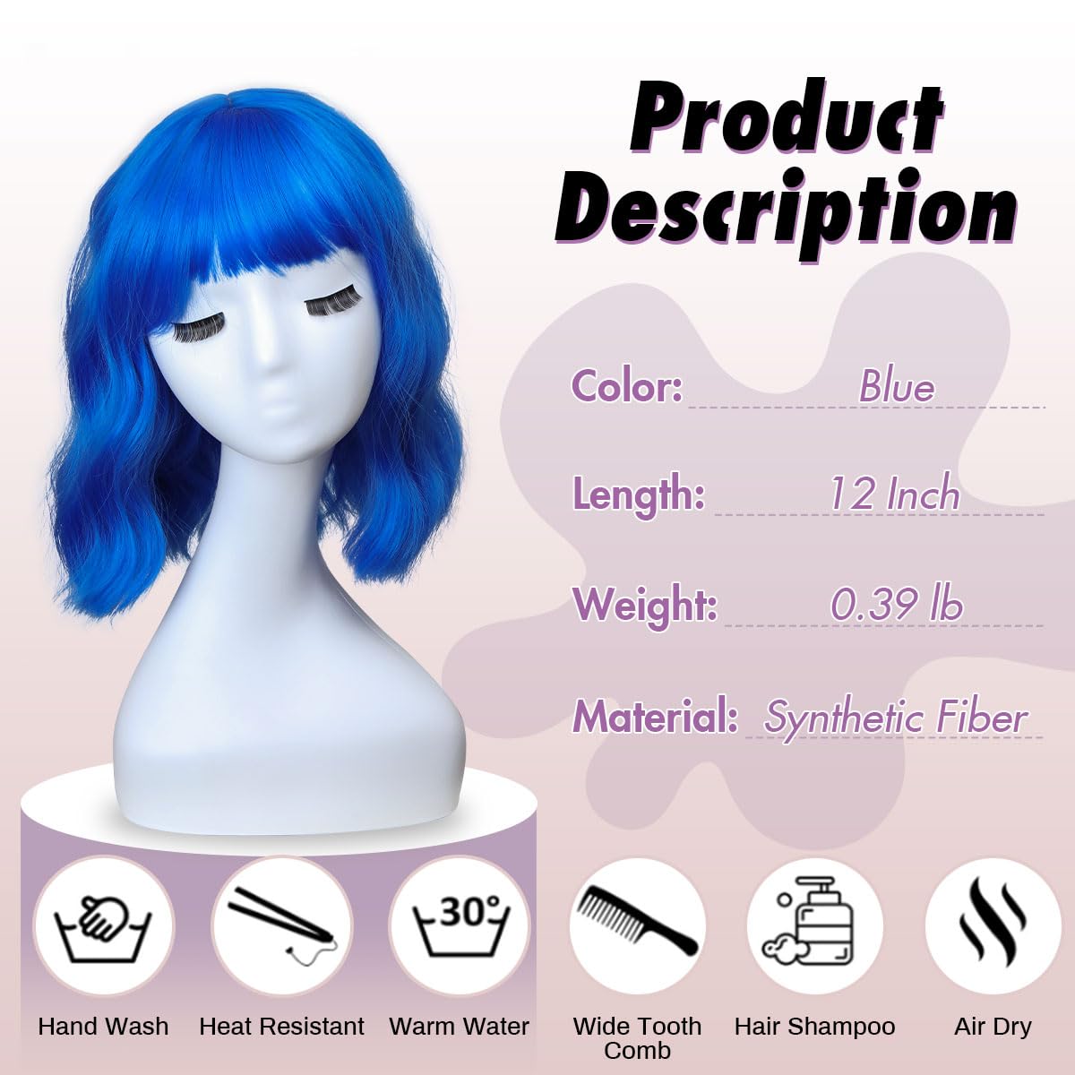Dark Blue Wigs with Bangs for Women,Shoulder Length Short Wavy Bob Wigs With Bangs Synthetic Bob Wig Curly Wig Heat Resistant Colorful Wavy Wig Cosplay Fun Wigs For Daily Party(12 Inch)