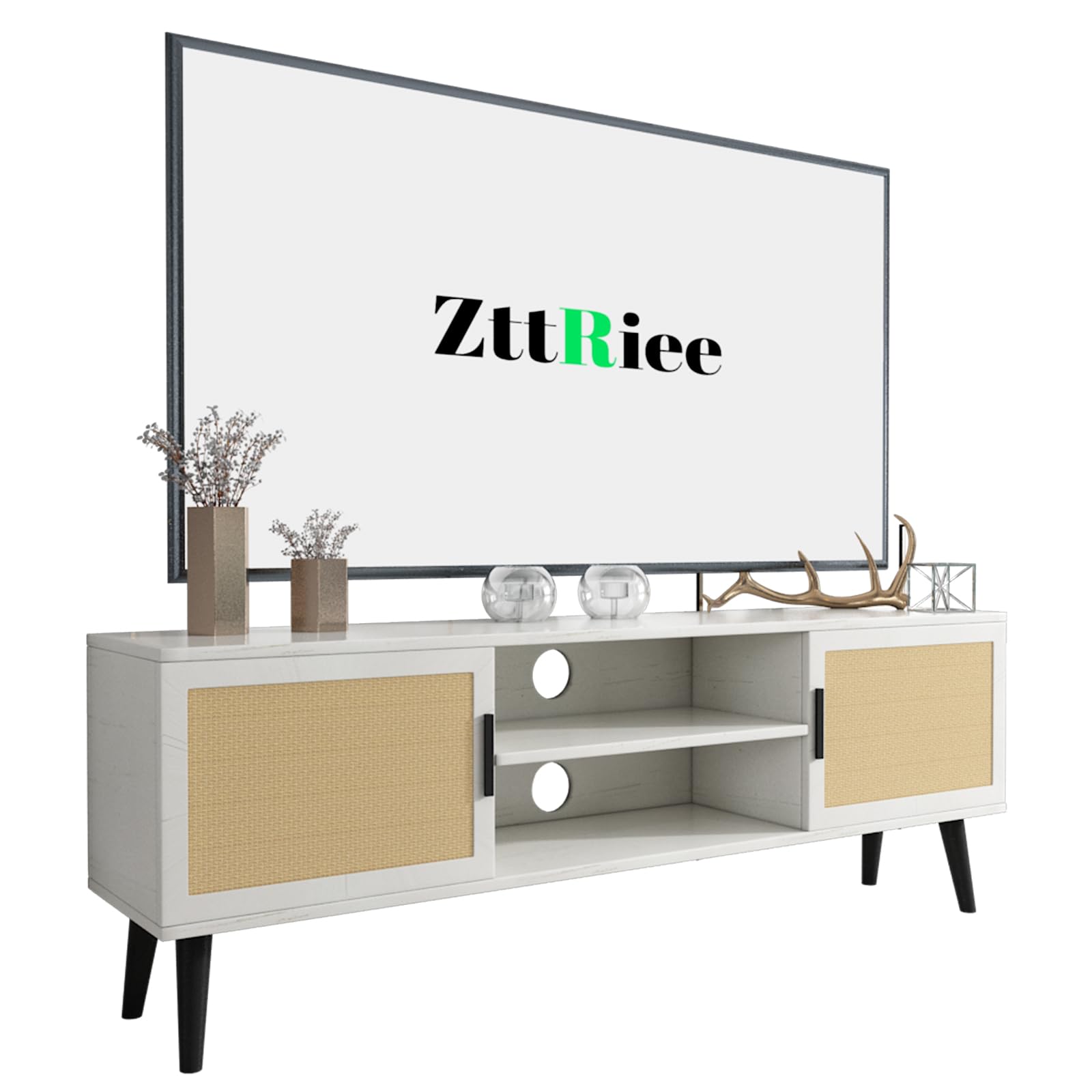 ZttRiee TV Stand for 55 Inch TV, Entertainment Center with Adjustable Shelf, 2 Cabinets, TV Console with Storage, Media Console, TV Stands for Living Room, White