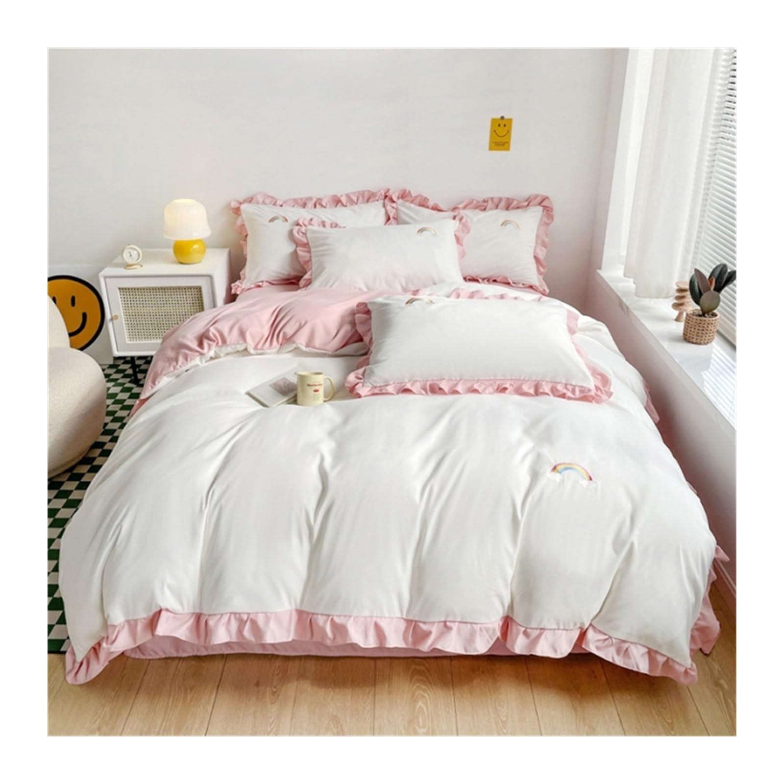 Adovz Girls Bianco Bedding Set Cute Ruffle Lace Duvet Cover Bed Sheet Pillowcase Kawaii Embroidery Cartoon Quilt Cover,Bed Sheets