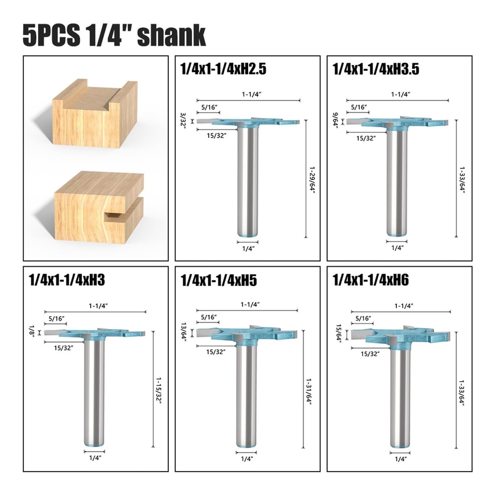 Fresa de ranura en T de 4 filos, 2,5-6 mm, vástago 6 mm o 1/4 | Fresa con punta de carburo para madera, MDF, tablero compuesto y laminado(5pcs 1/4")