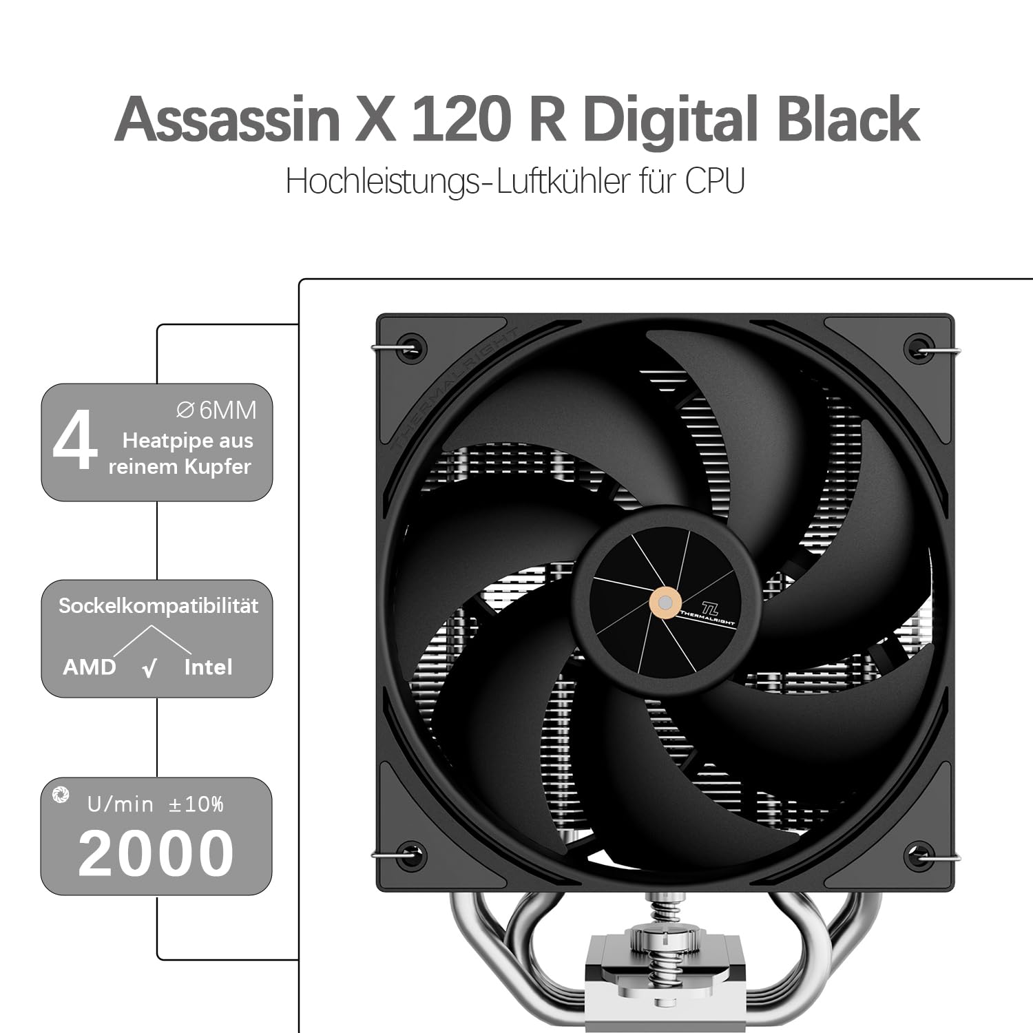 TR-Thermalright Assassin X 120 - Radiatore digitale per CPU nero, 4 x 6 mm, ventola PWM da 120 mm, 2000 RPM, per AM5/AM4, Intel lga1851/1700, colore: Nero