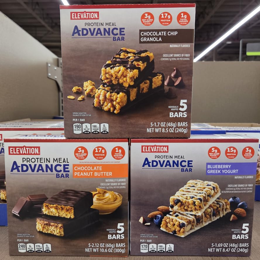 Elevation Advance Bar Chocolate Chip Granola, Chocolate Peanut Butter, Blueberry Greek Yogurt (Three Boxes)