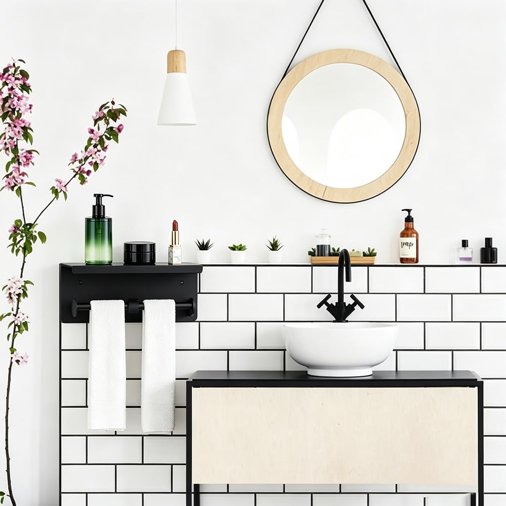 UNICRAFTALE Portarrollos de papel higiénico doble de acero inoxidable 201 negro con estante, para organización de baño, ideal para hogares y hoteles, 270 x 105 x 90 mm