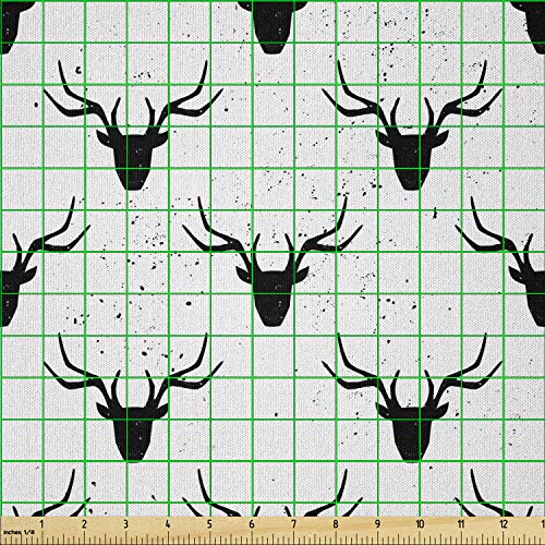 Image of Ambesonne Deer Fabric by The Yard, Deer Head with Antlers Silhouette Form Stained Worn Background Animal Illustration, Microfiber Fabric for Arts and Crafts Textiles & Decor, 2 Yards, Black White