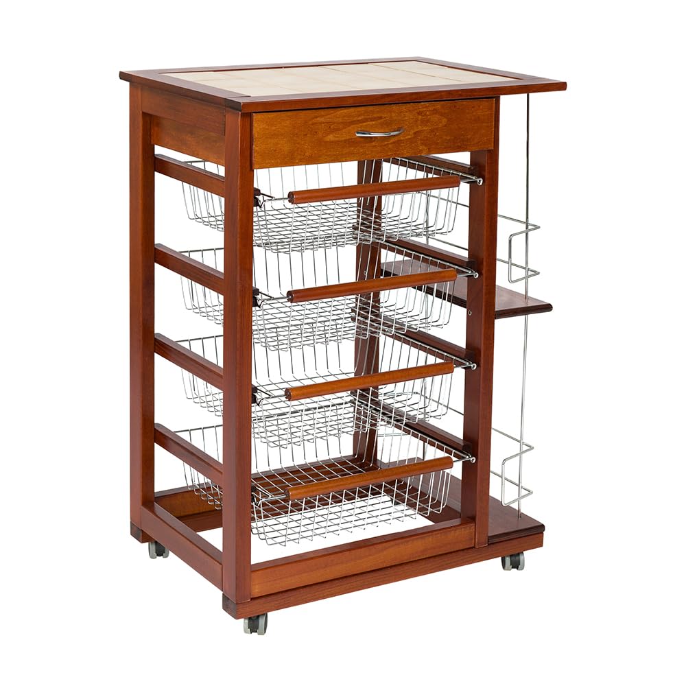 Carrello LANDHELL da cucina con ruote cassetto portafrutta portabottiglie in ferro (Ciliegio)