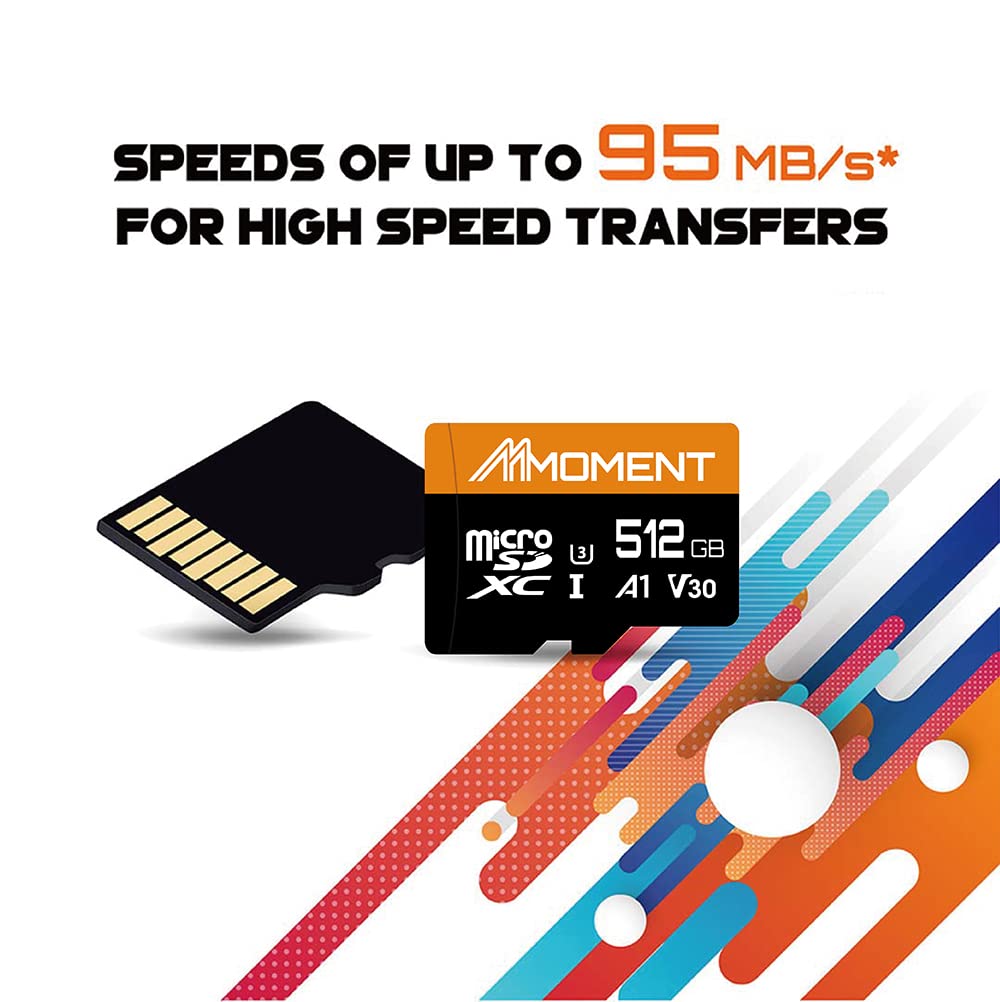 MMOMENT Carte micro SDXC 512 Go, A1, V30, UHS-I, U3, compatible classe 10, vitesse de lecture jusqu'à 95 Mo/s, vitesse d'écriture jusqu'à 70 Mo/s, adaptateur SD inclus