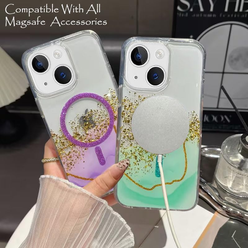 Image of mobistyle Compatible with iPhone 13 | Magentic Glitter Gradian Elegant | Camera Lens Protection Back Cover Case for Women Girls iPhone 13 (Glitter Magnetic Green)