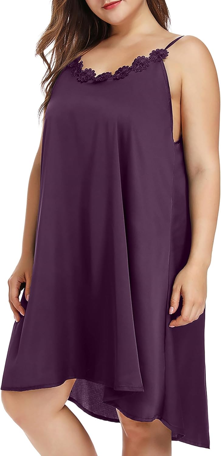Women's Plus Size Satin Nightgown Sleeveless Chemise Slip Lingerie Sleepwear with Floral Neckline - Image 4