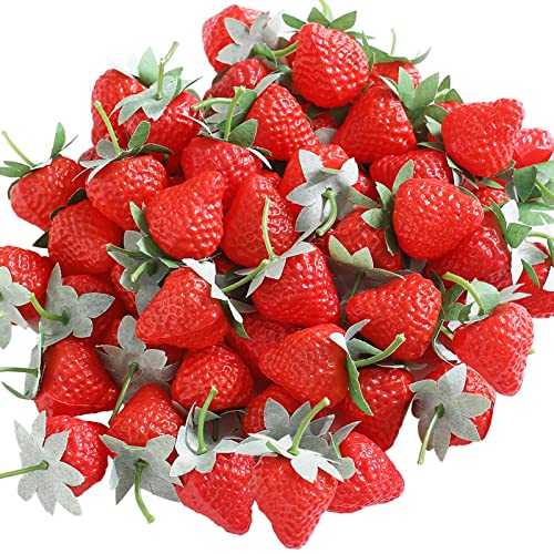 Joeabor 60 Pieces Fake Strawberries Décor, Fake Fruit Artificial Strawberry Kitchen Décor, Plastic Strawberry Party Decorations, Realistic Fake Food Lifelike For Display Photography Props #TOP2