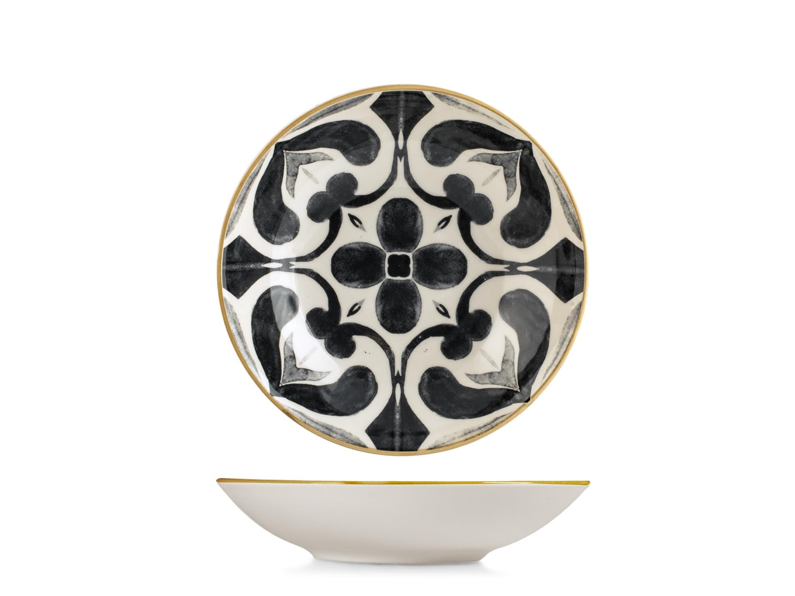 H&H Helena Tafelservice 18-teilig aus dekoriertem Stoneware, Komplettes Geschirrset für 6 Personen, Optical-Design in Schwarz und Elfenbein inspiriert von handwerklicher Majolika