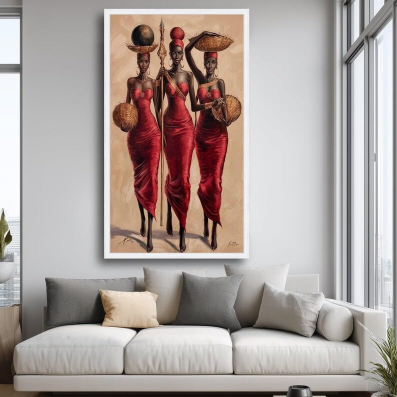 Tableau femme africaine robe rouge pour habiller un grand mur vide