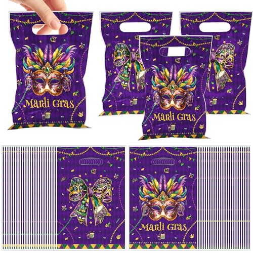 MOIZYNG 50 Pcs Mardi Gras Gift Bags with Handles Purple Green Masquerade Mask Bow Plastic Treat Goodie Bags for New Orleans Carnival Birthday Mardi Gras Party Favors Supplies