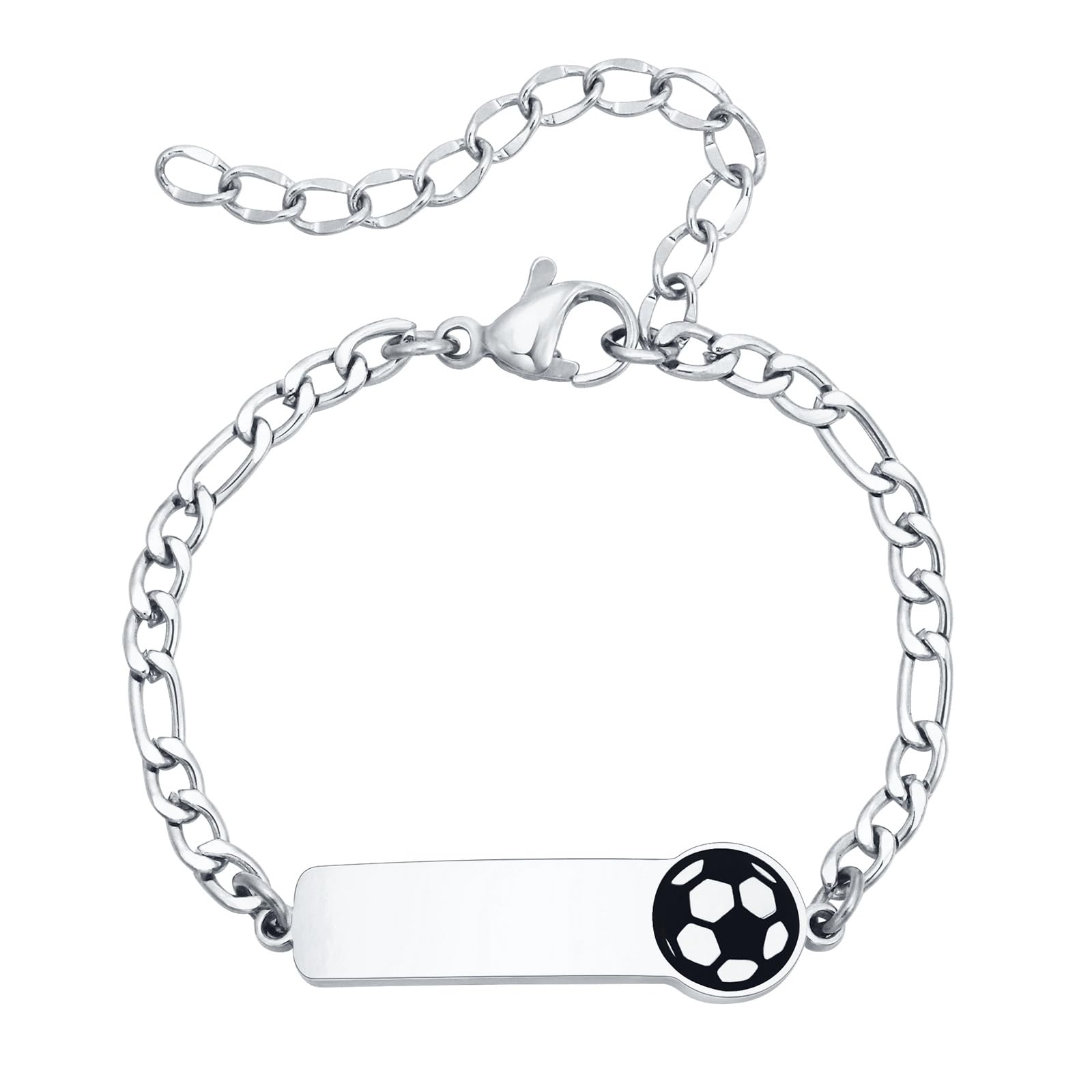 Bracelet Enfant de Football Gourmette Personnalisé - Réglable Acier Inoxydable Bracelet Identification Nom Gravure Figaro Chaîne et Football Cadeau d'Anniversaire pour Enfants Bébés Fille Garcon