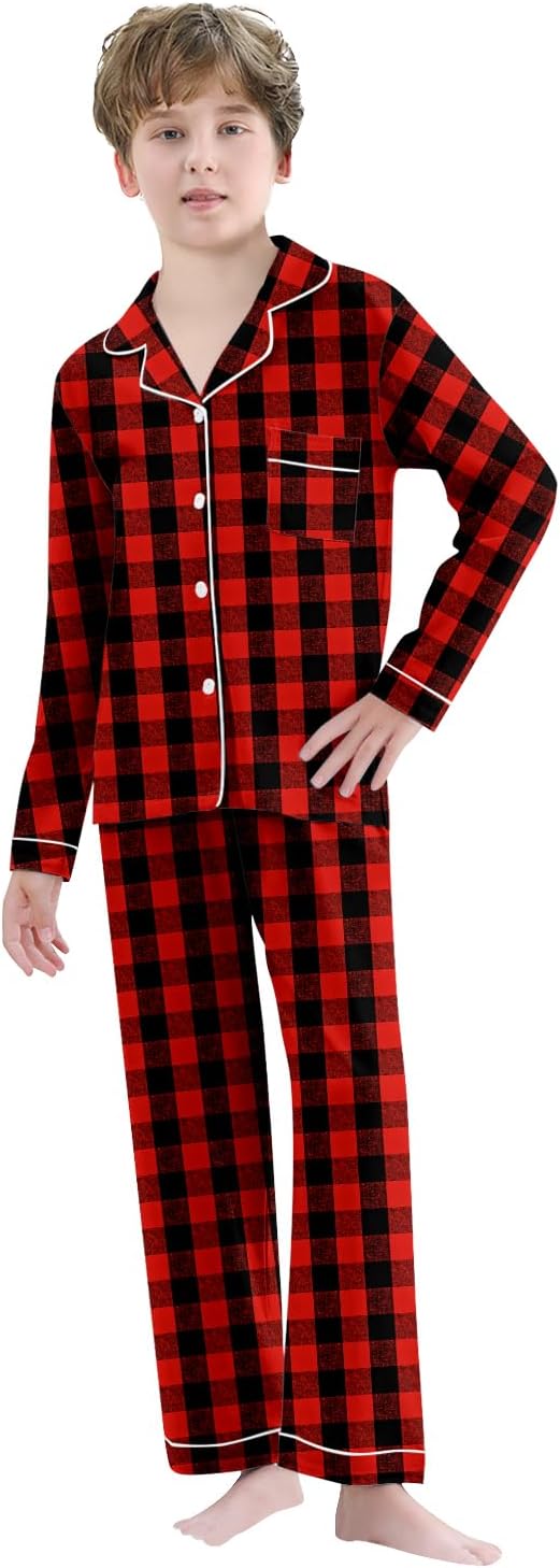 Umeyda Kids Christmas Pajamas Holiday Nightwear Sleepwear Sets Long Sleeve Pjs, Red Black Plaid, 11-12 Years - Image 3