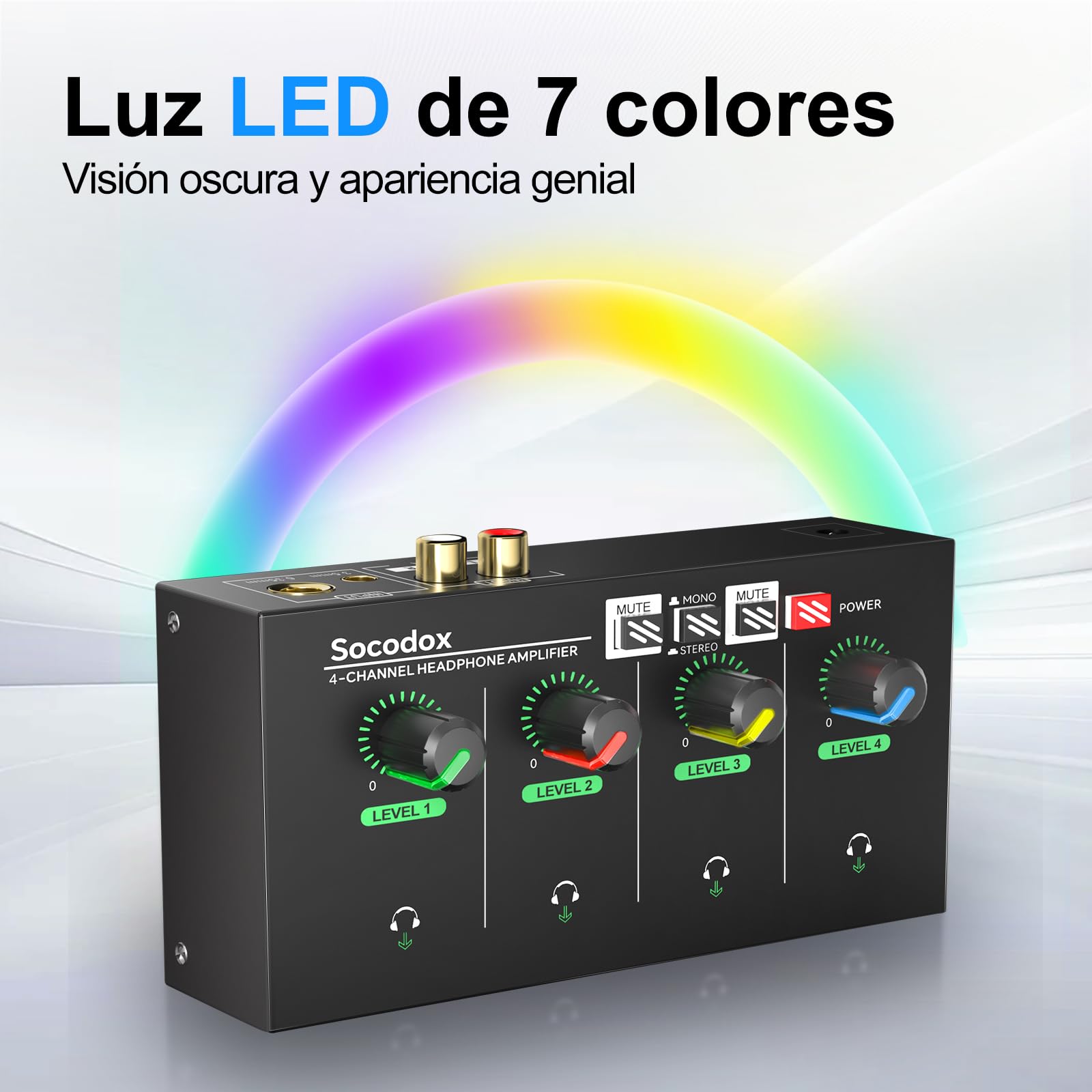 Amplificador de Auriculares de 4 Canales con Jacks de 3,5 mm/6,35 mm/RCA, Divisor de Auriculares de Metal con 8 Puertos de Salida para Auriculares, Compacto con Interruptor estéreo y luz RGB