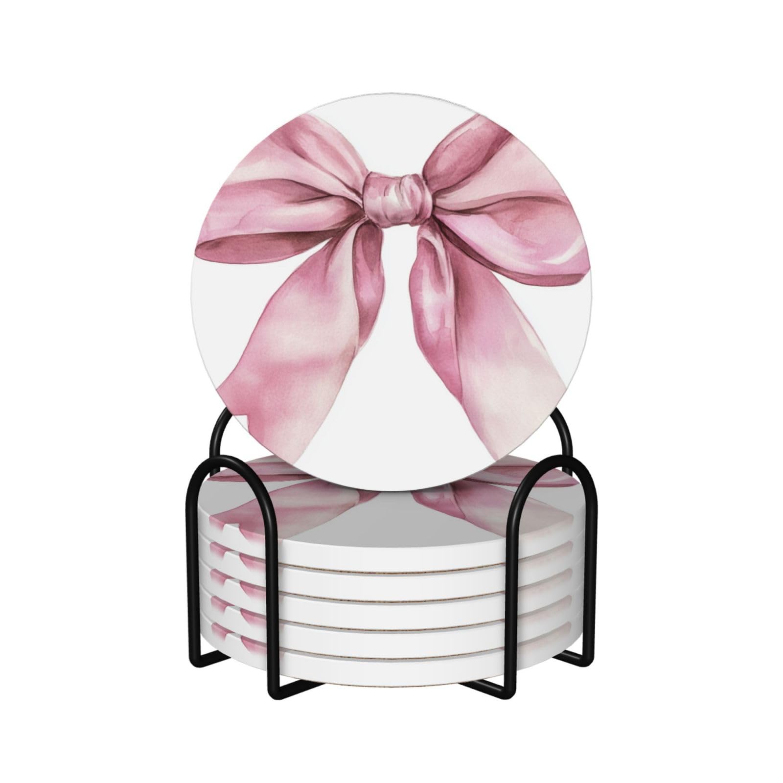 Watercolor A Pastel Pink Muted Bow Ceramic Coasters with Holder 6ps