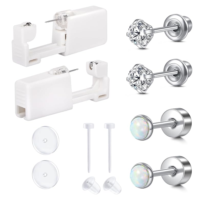 Kit descartável QWALIT para perfuração de orelha com brincos e studs de opala com base reta
