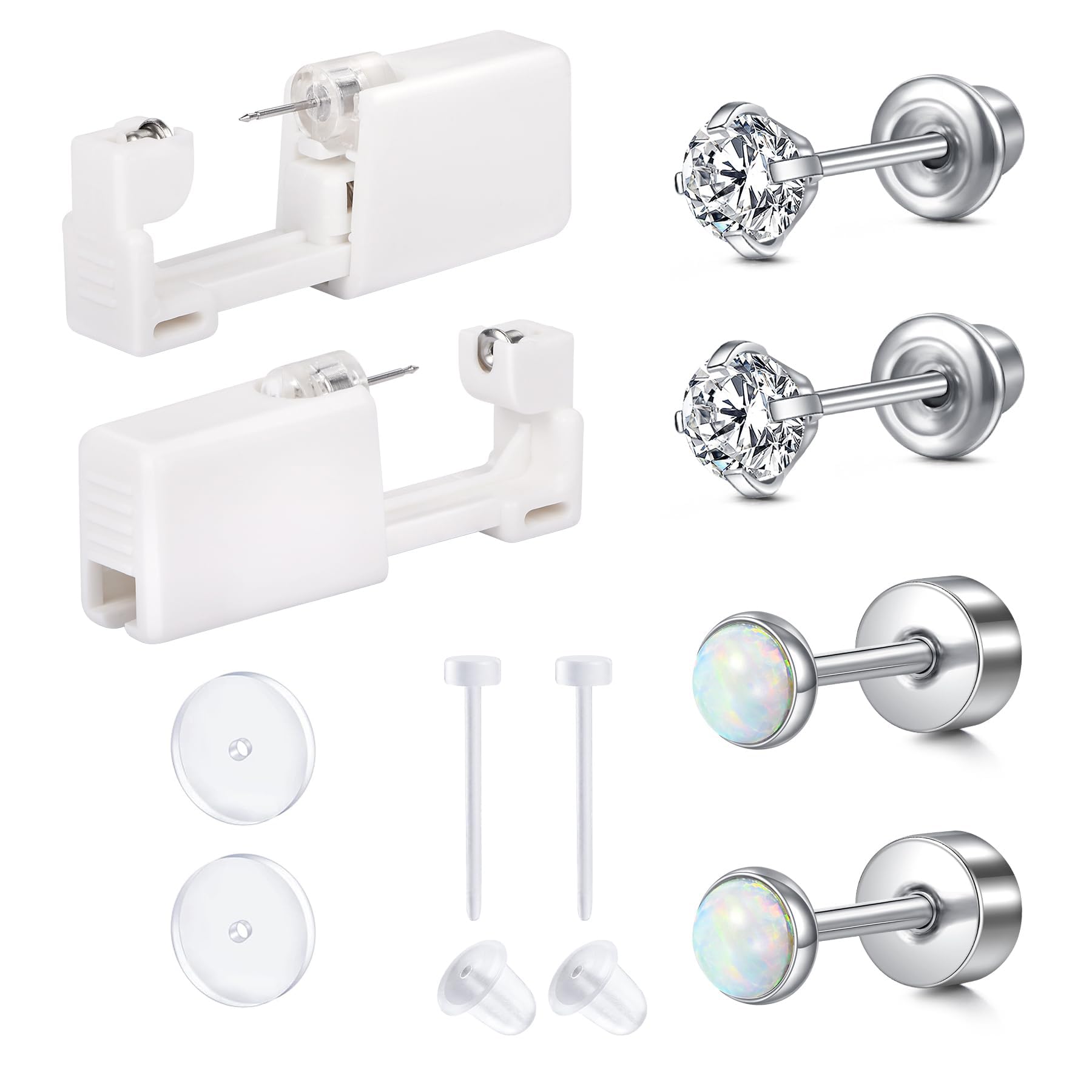 QWALIT Ear Piercing Gun Kit - Self Piercing Earrings With Studs - Disposable at Home Kit - Opal Flat Back Earrings for Women